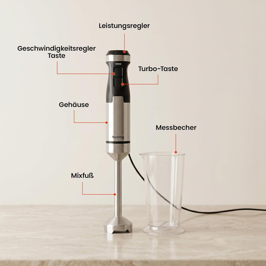 BlendFlex Stabmixer 1500W – Edelstahl Handmixer mit 20 Geschwindigkeiten & Turbo-Funktion, inkl. 600