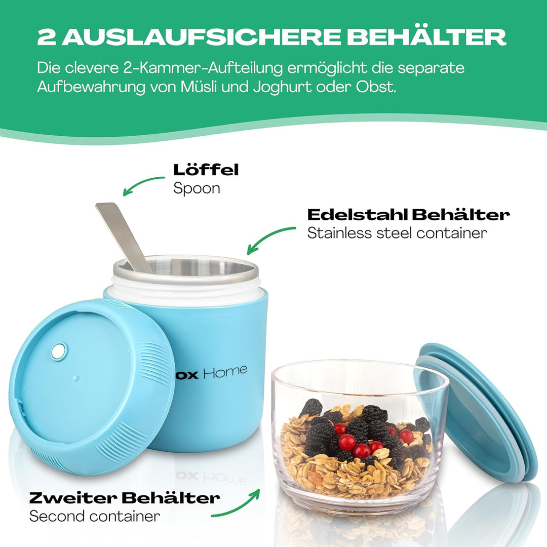 NetroxHome - Müslibecher To Go mit Löffel, Auslaufsicherer Joghurtbecher To Go aus Edelstahl, Lunchb