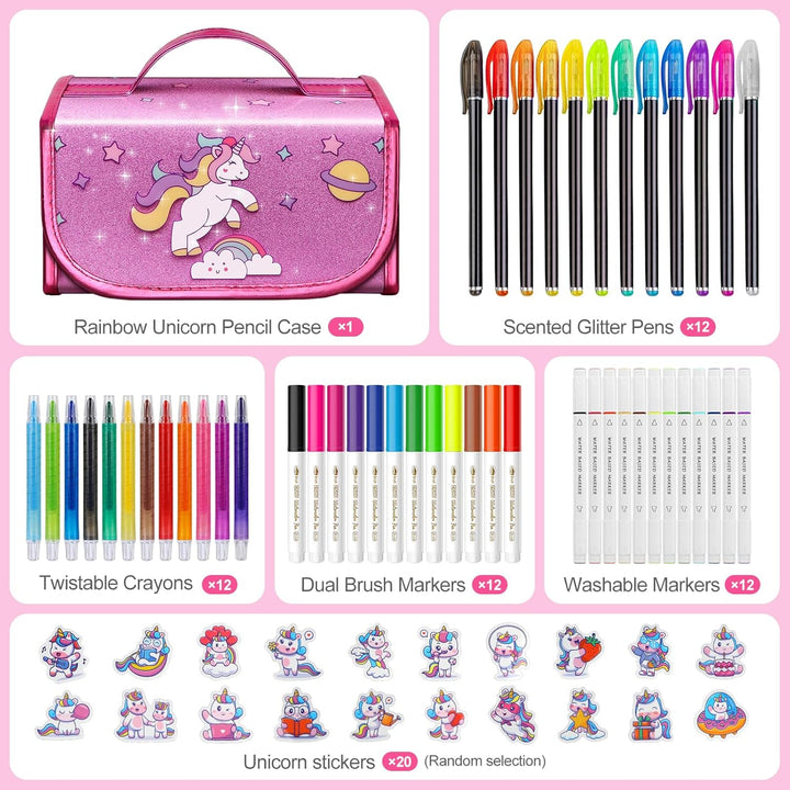 Hot Bee Einhorn Federmäppchen, Einhorn Geschenke für Mädchen 3-7 Jahre, Filzstifte Glitzerstifte, Ba
