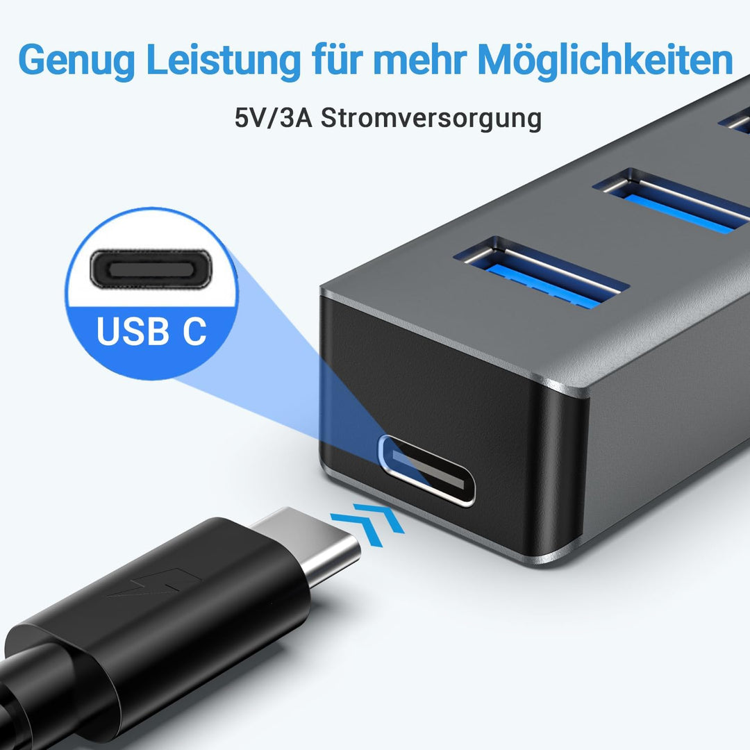 USB Hub 3.0 7-Port mit 100cm Kabel, USB Verteiler Aluminium Hub mit Mehrfach USB3.0 5Gbps Data und 5