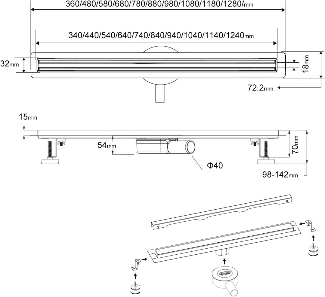 SaniteModar Duschrinne 60cm, Siphon mit Geruchsstop und Haarfilter, schlankes Auslaufrohr. Die Dusch