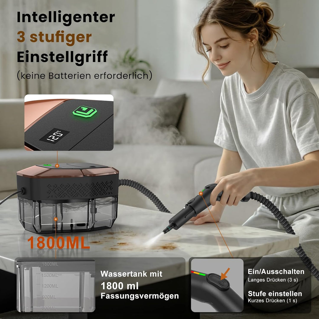 14 in 1 Dampfreiniger, 3 Stufig Einstellbarer Griff, Temperaturanzeige, 15 Sekunden Aufheizzeit, 1,8