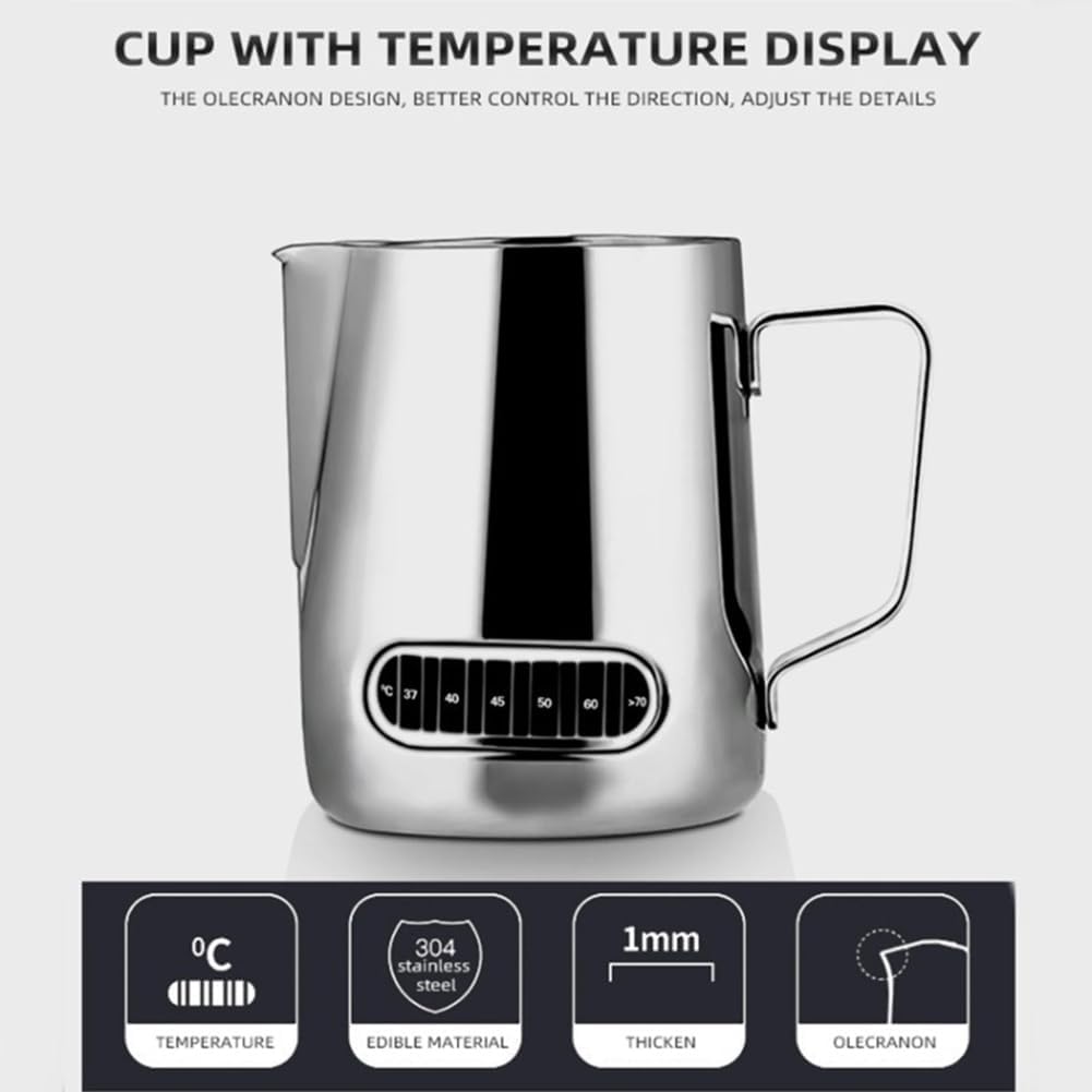 Exqufood Milchaufschäumer Temperaturanzeige Milchaufschäumer und Tasse für Latte Art 350ml
