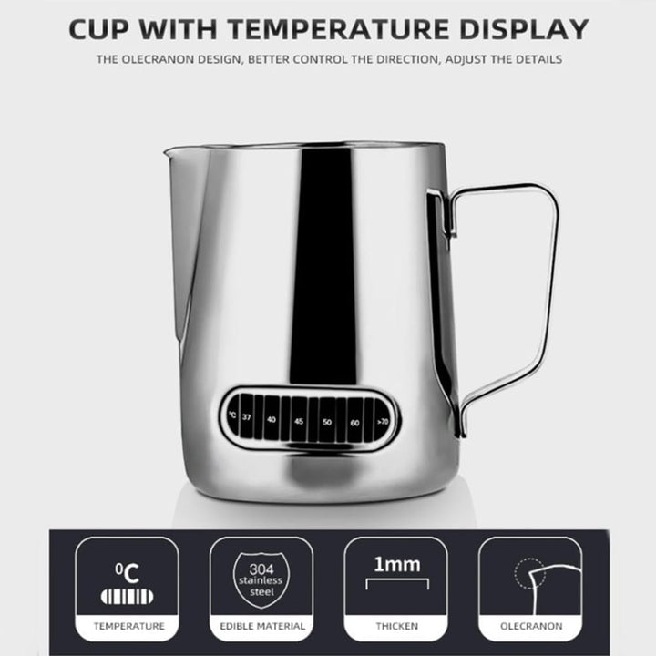 Exqufood Milchaufschäumer Temperaturanzeige Milchaufschäumer und Tasse für Latte Art 350ml
