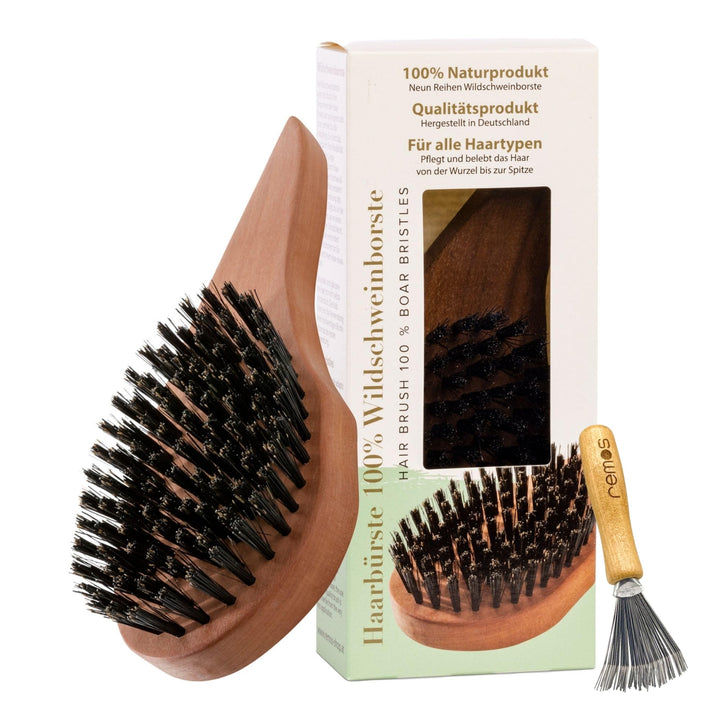 REMOS Natur Haarbürste aus 100% Wildschweinborste mit ergonomischem Griff Rechtshänder Birnbaumholz,