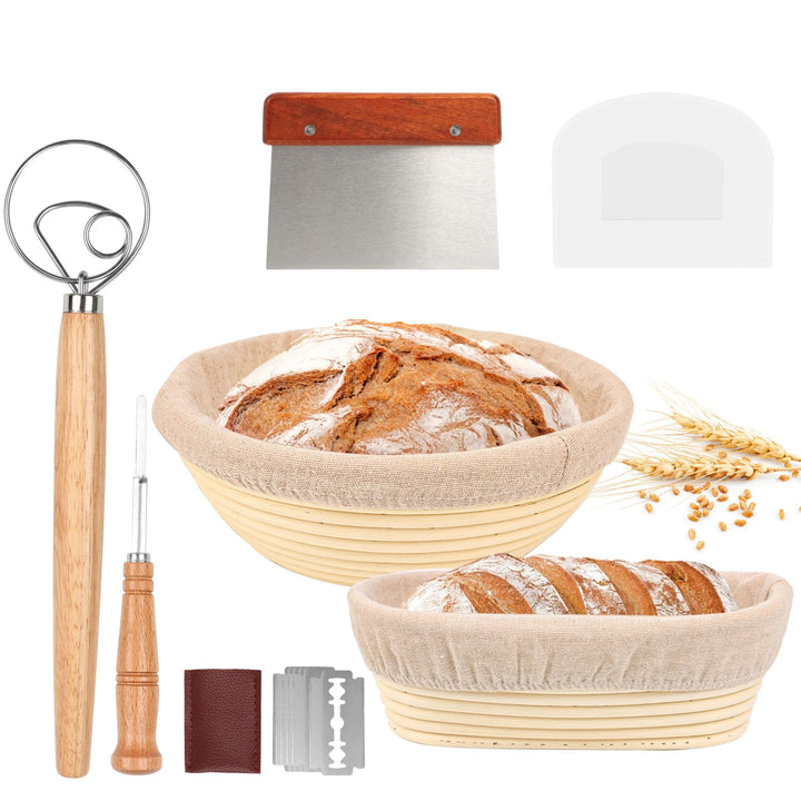 Gärkorb Set, Brot Gärkörbchen aus Peddigrohr zum Brot backen, Gärkörbchen Rund & Oval 2er Set, Gärko