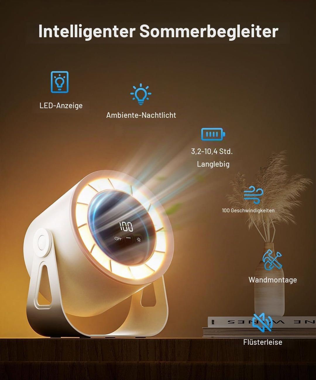 Macchiatto Tischventilator USB mit Akku, Leiser Mini Ventilator, 4 Geschwindigkeiten, 360° Verstellb