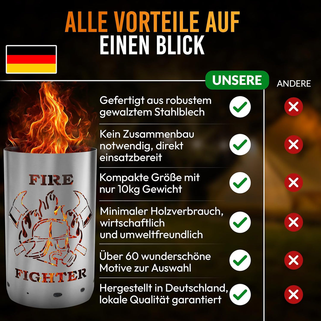 TiKo-Design Feuertonne - Lagerfeuertonne - Feuerkorb mit Firefighter/Feuerwehrmann Motiv – Verleihen