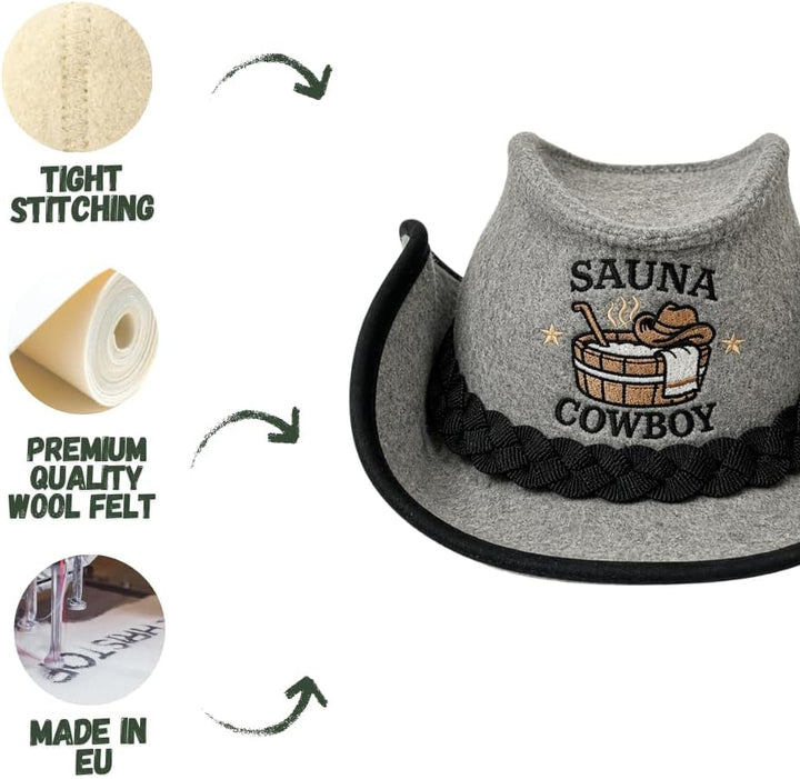 Saunahut für Damen und Herren aus Filz - Sauna Cowboy - Grau Saunahut für Herren und Damen aus 100Pr