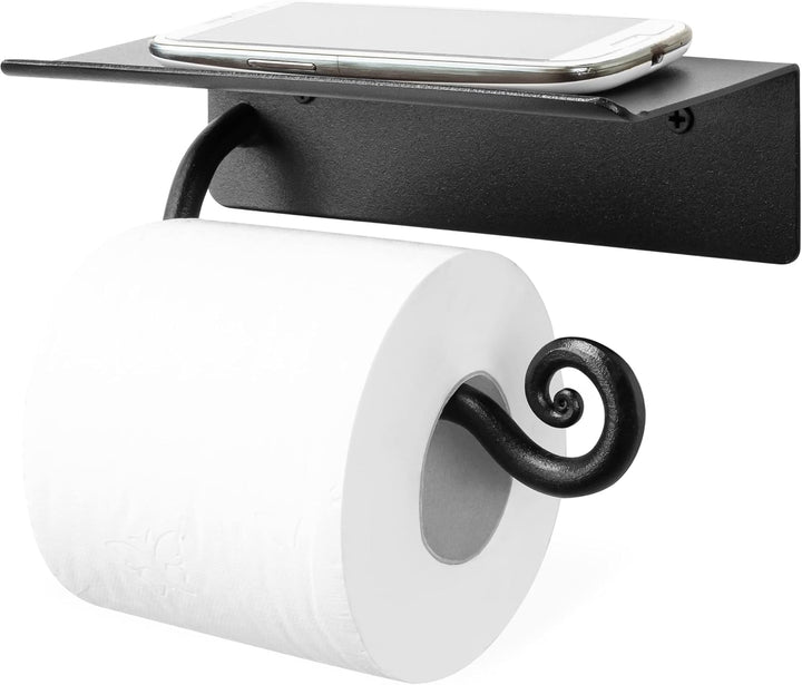 RTZEN Toilettenpapierhalter aus Schmiedeeisen mit Ablage | Schwarz verrottetes Metall TP-Rollenaufhä