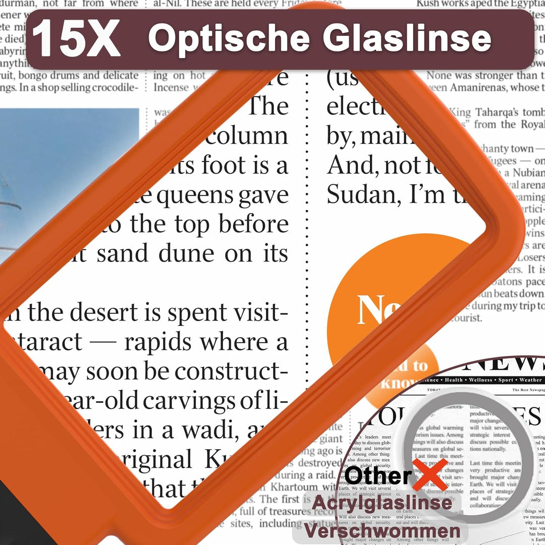 10X Lupe mit Licht und Ständer, Echtglaslinse Leselupe, Wiederaufladbare, Faltbare Grosse Handlupe,