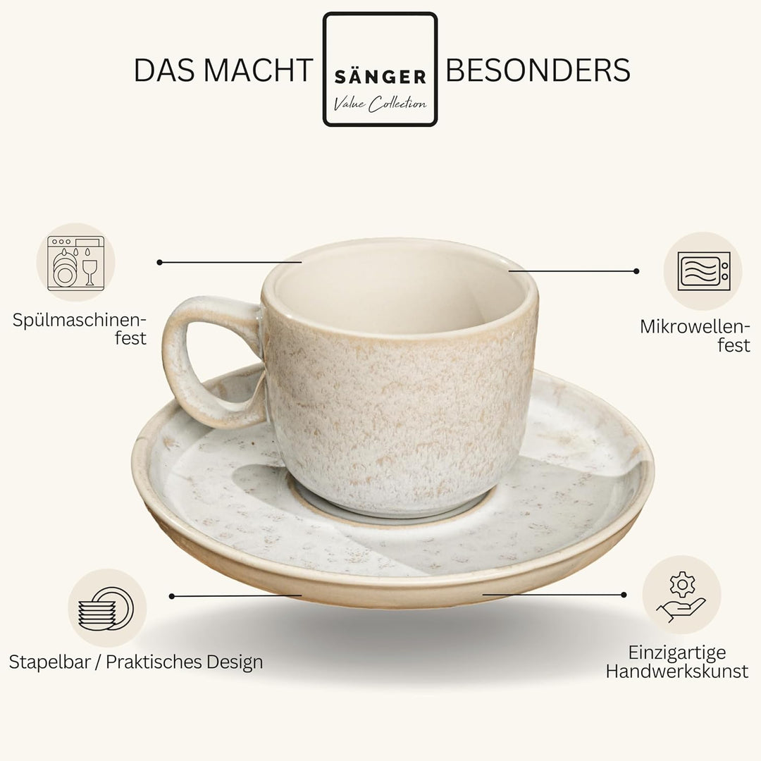 SÄNGER Key West | Espressotassen Set Steingut 12 teilig, Mokka Tassen Set 6 Personen, Tassen & Unter