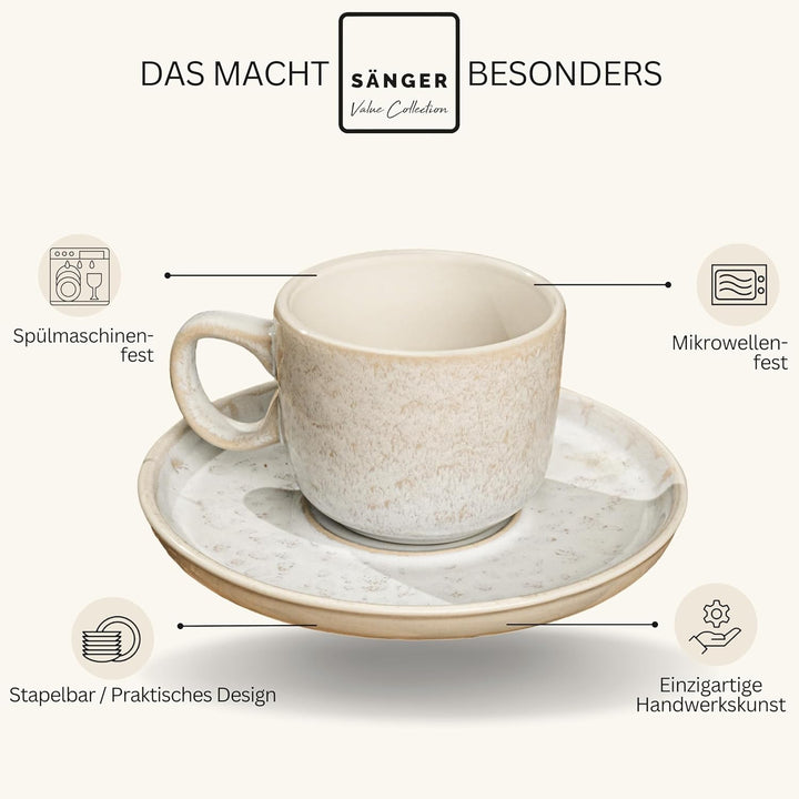 SÄNGER Key West | Espressotassen Set Steingut 12 teilig, Mokka Tassen Set 6 Personen, Tassen & Unter