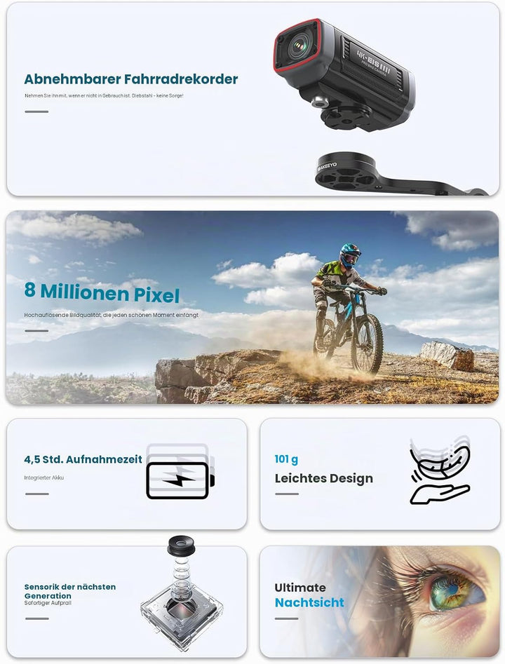 AKEEYO-710 Pro EIS Fahrradkamera, 4K28FPS 20MP WiFi Action Kamera mit IP66 Ultra HD wasserdichte Kam