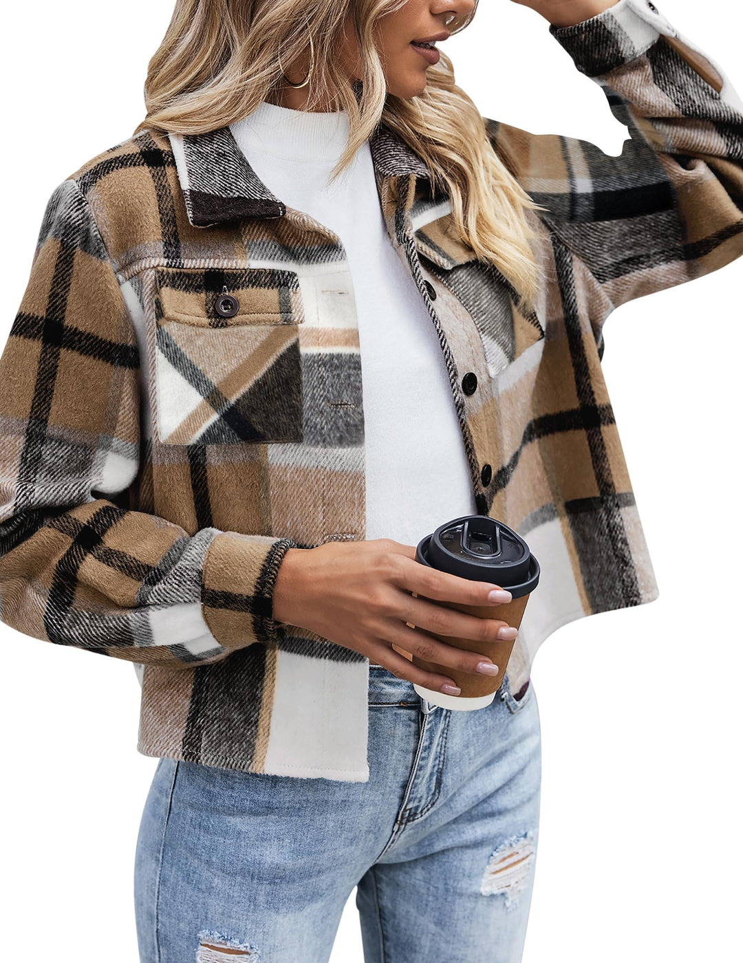Zeagoo Damen Flanell Jacke Karierte Langarm Kurzjacke Revers Button-Down Shacket Mantel Braun 794 XL