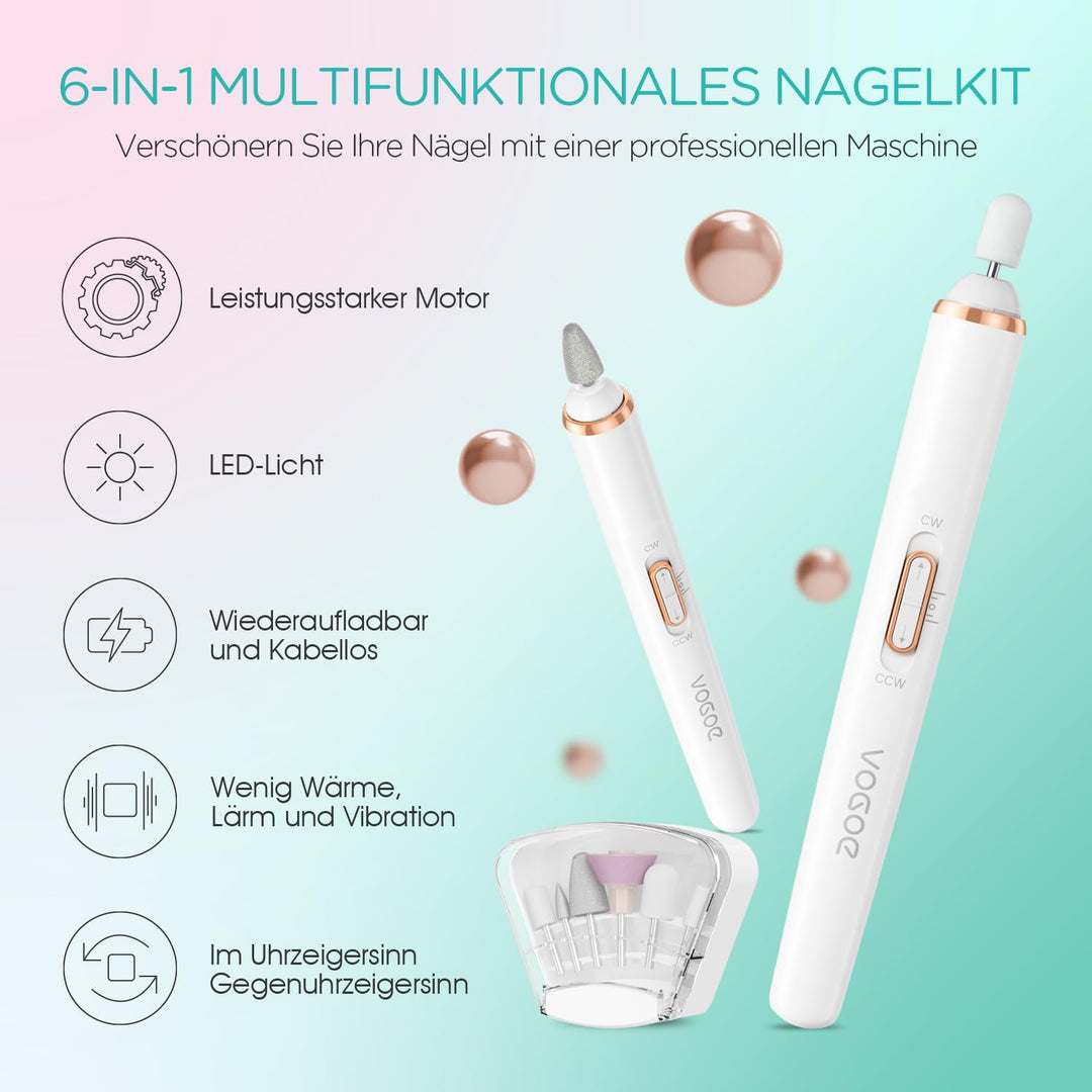 VOGOE Elektrische Nagelfeile, Kabelloser Nagelfräser mit LED-Licht, Einstellbare Geschwindigkeit & 2