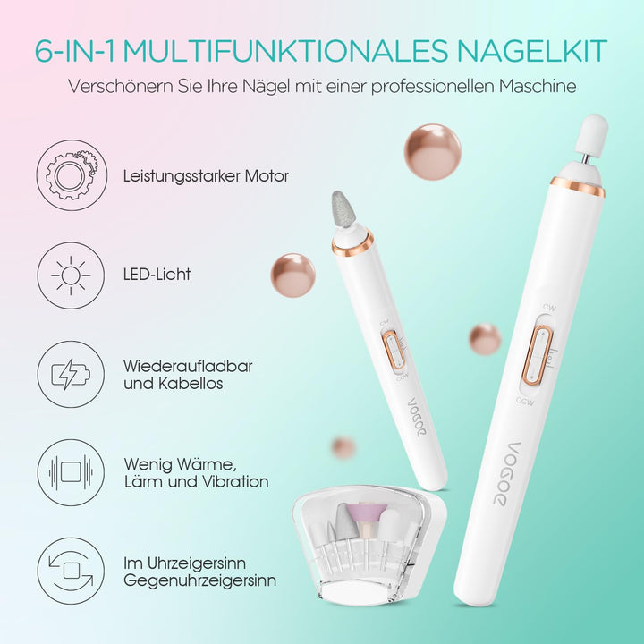 VOGOE Elektrische Nagelfeile, Kabelloser Nagelfräser mit LED-Licht, Einstellbare Geschwindigkeit & 2