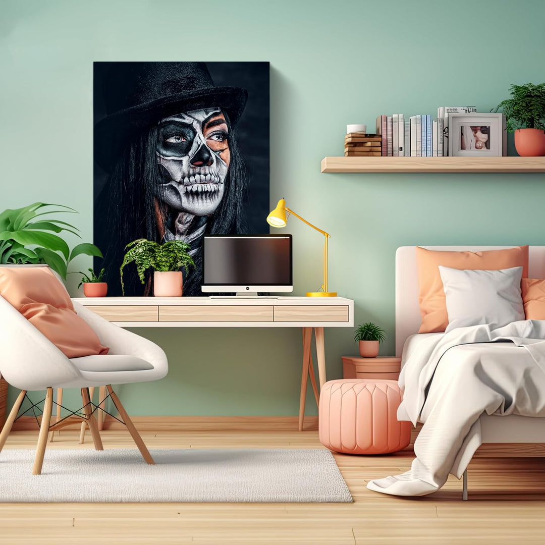 wandmotiv24 Leinwandbild Starke Frauen, Hochformat, Frau mit Totenkopf Makeup M0139 80L x 60B cm Lei