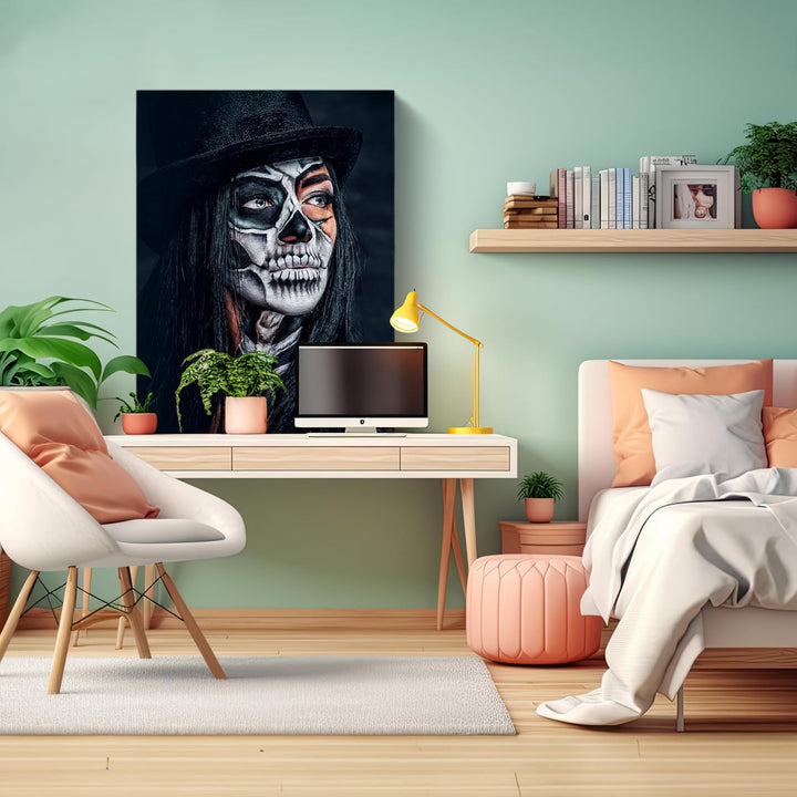 wandmotiv24 Leinwandbild Starke Frauen, Hochformat, Frau mit Totenkopf Makeup M0139 80L x 60B cm Lei