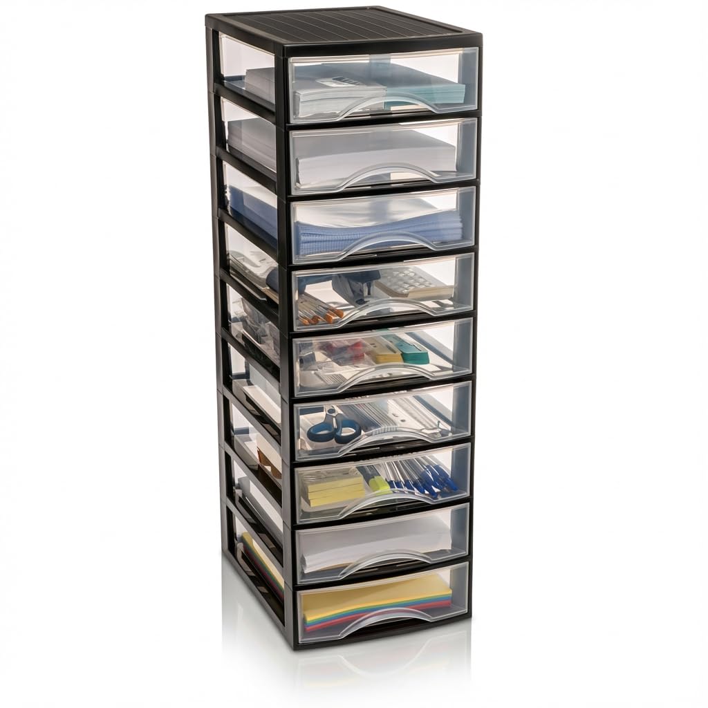 Hausfelder Schubladenbox A4 mit 9 Schubladen, Transparente Kunststoff Schubladenbox für Schreibtisch