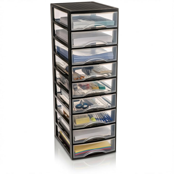 Hausfelder Schubladenbox A4 mit 9 Schubladen, Transparente Kunststoff Schubladenbox für Schreibtisch