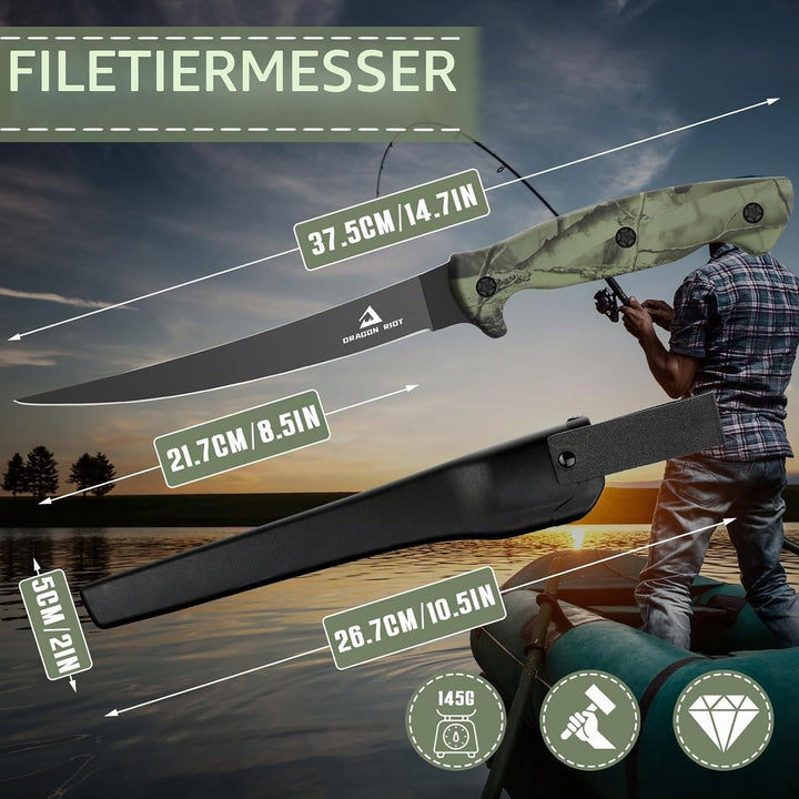 DRAGON RIOT Filetiermesser Fisch 21.5CM, Edelstahl Fischmesser mit Anti-Rutsch-Griff, Scharfes Outdo