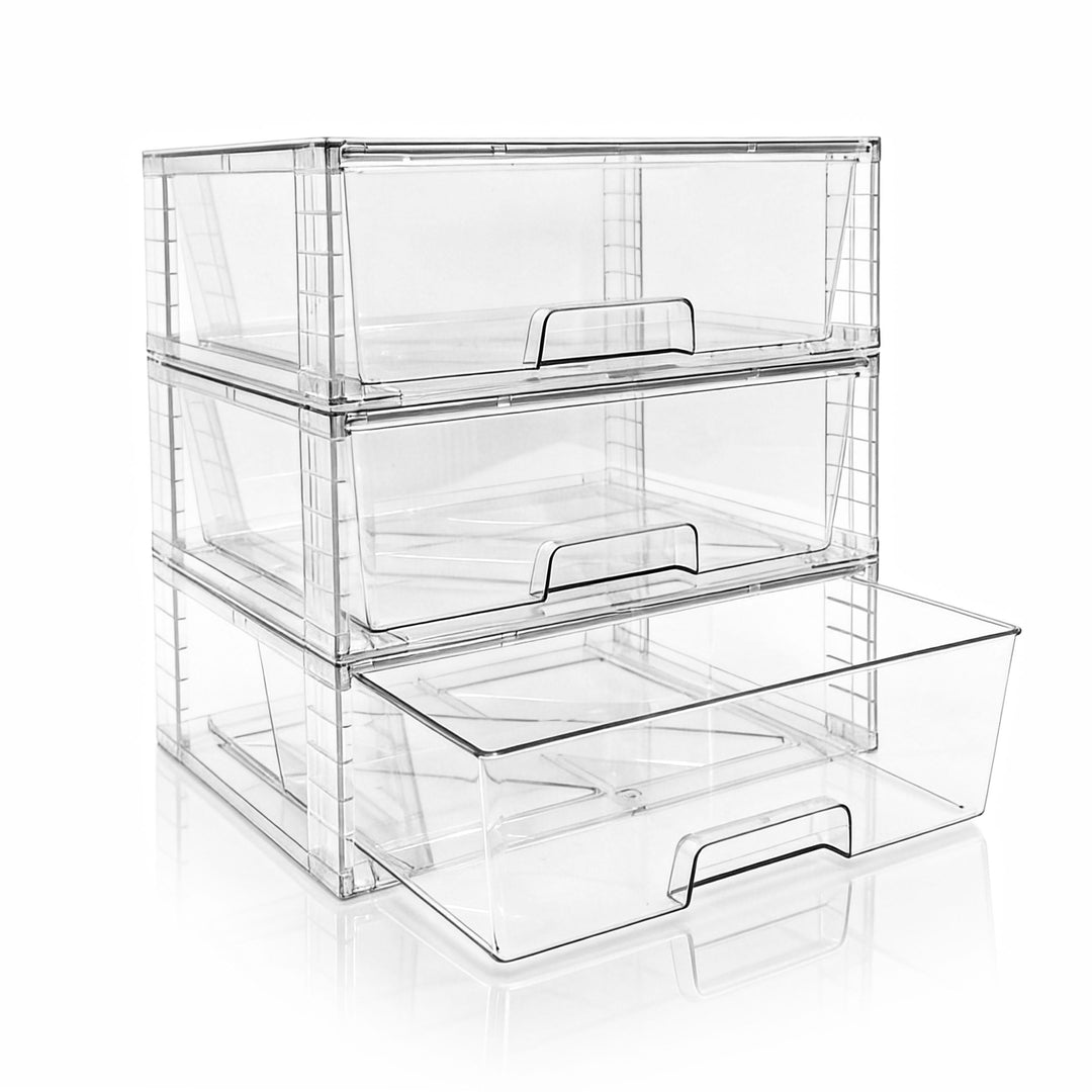 3er Set Breite Stapelbare Aufbewahrungsschubladen für Bad und Küche, Hochfeste Klare Acryl Organizer