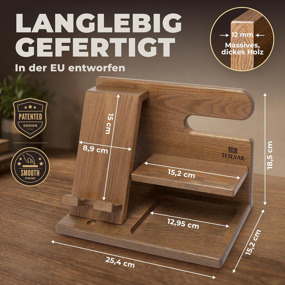 TESLYAR Holz-Telefon-Dockingstation für Männer – Schreibtisch- oder Nachttisch-Organizer – Geburtsta