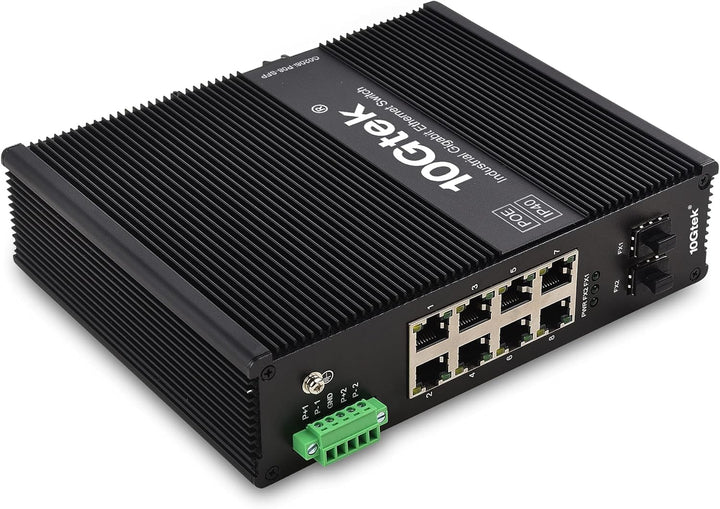 10Gtek 10-Port Industrial DIN-Rail Ethernet Switch Hutschiene, POE 802.3af/at, IP40, 2X Gigabit SFP