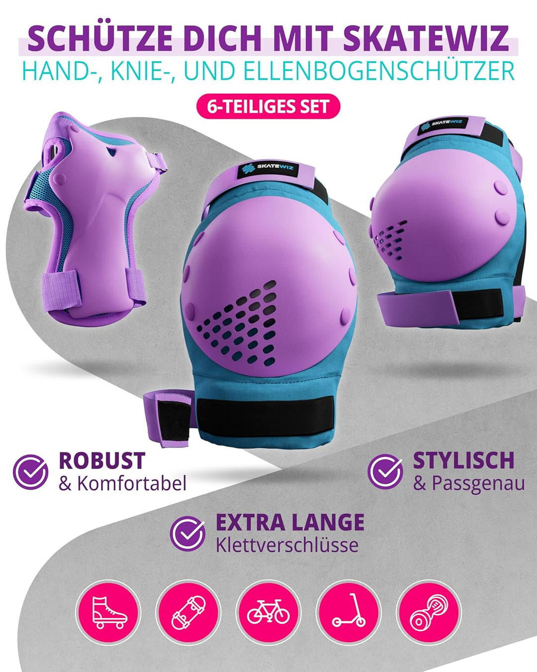 SKATEWIZ Skate Protektoren für Kinder &amp; Erwachsene in 6 Farben - Knieschützer Kinder Set [6pc] SMASH