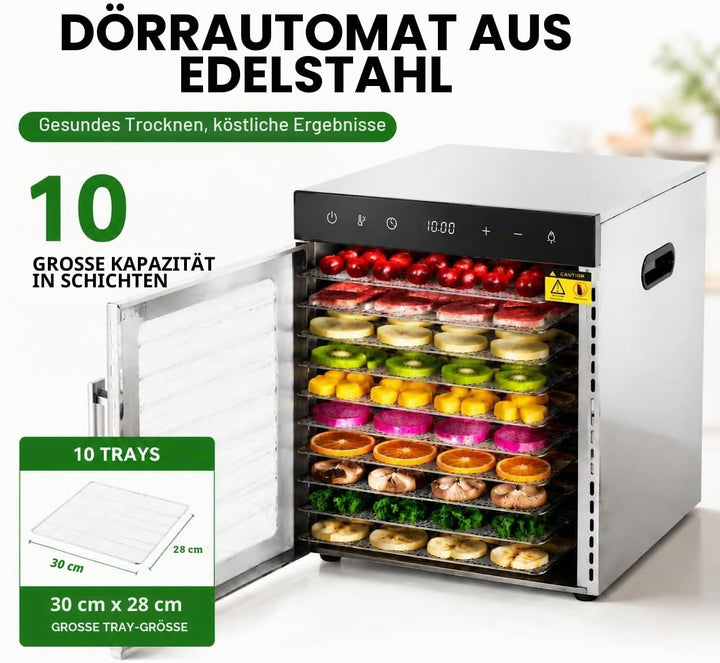 800 Watt Dörrautomat, Food Dehydrator mit 10 Edelstahlschalen LED Touch Control Design, Einstellbare