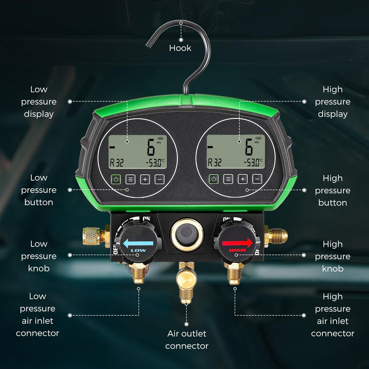 Bonvoisin HVAC Digitales Verteiler-Messgerät, 90-Arten Kältedaten, Dual Screen Display, mit Kühlmitt