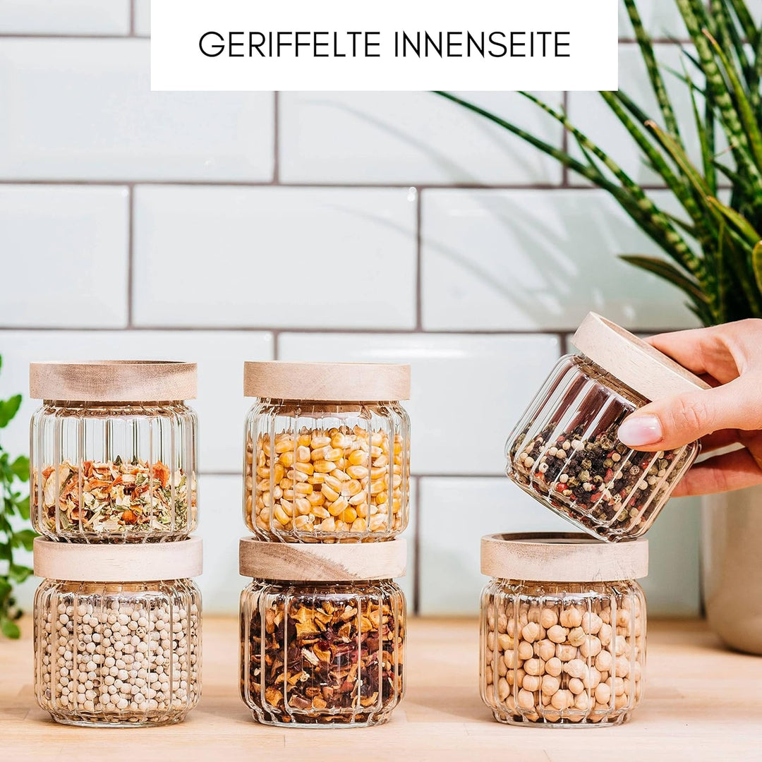 Econovo® Gewürzgläser geriffelt (150ml | 6-tlg.), stapelbar und luftdicht, Gewürzgläser Set mit Deck