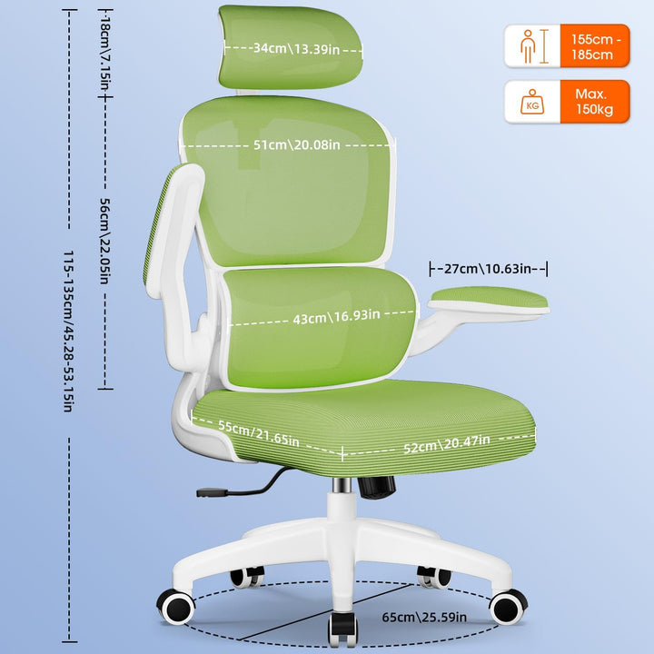 Bürostuhl, Bürostuhl Ergonomisch mit Lendenwirbelstütze, Klappbaren Armlehnen und Höhenverstellbarer