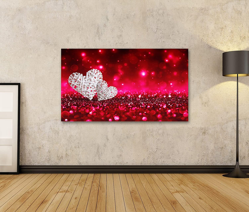 islandburner Bild auf Leinwand Zwei Wicker Herzen Auf Rotem Schein Glitter Wandbild Poster Kunstdruc