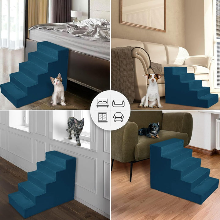 Mg Design Hundetreppe 5 Stufen in Blau – Stabiler Holzrahmen, gelenkschonend, leicht & mobil, für So