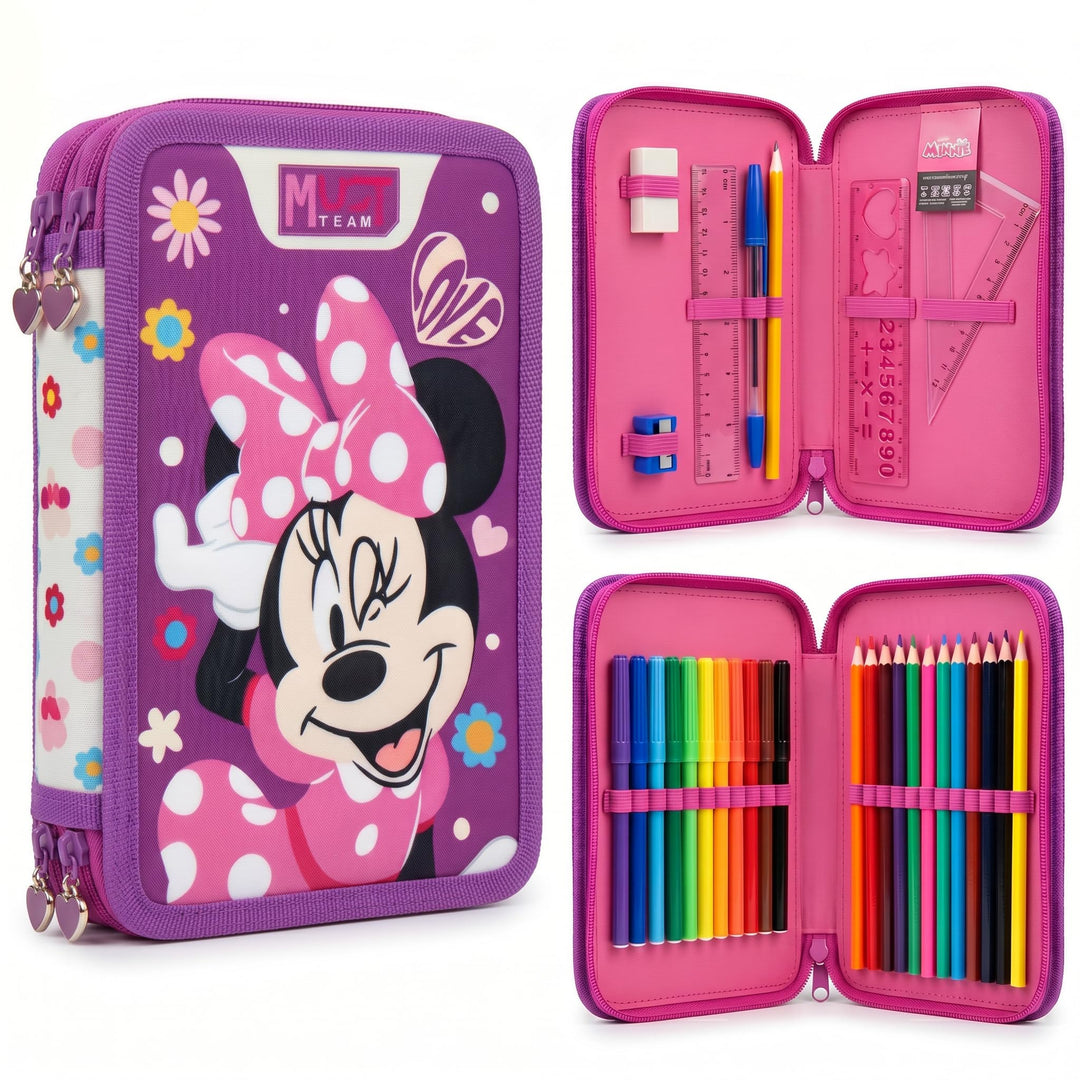 Disney Minnie Mouse Federmäppchen mit 2 Fächern, gefüllt mit Schreibwaren für Kinder | Schulbedarf m