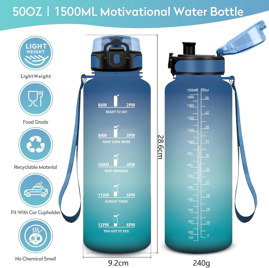 KollyKolla Trinkflasche Kohlensäure Geeignet, 500ml/1L/1.5L, Sport Trinkflasche mit Zeitmarkierung,