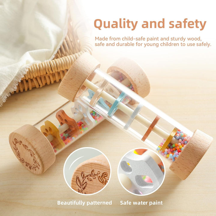 WOODEN TEETHER Regenmacher Rassel Baby – Holz Musikspielzeug mit Beruhigendem Regenklang, Sensorisch