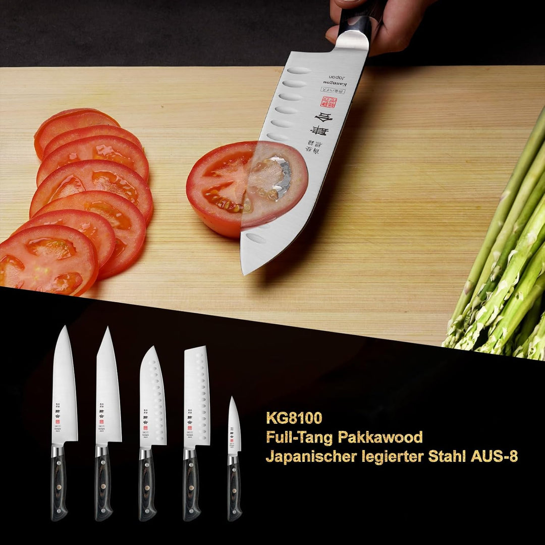 Classic. Japanisches Messer aus AUS-8 Stahl mit Kompletter Räuchergriff (Santoku Kochmesser, 18 cm)