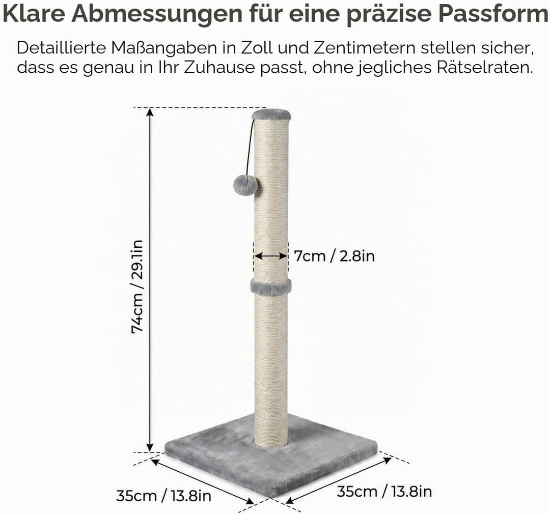 Dimaka Kratzbaum für Katzen, 74 cm, mit Sisalseil und weichem Plüschbezug GRAU, GRAU
