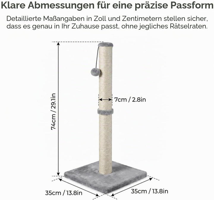 Dimaka Kratzbaum für Katzen, 74 cm, mit Sisalseil und weichem Plüschbezug GRAU, GRAU