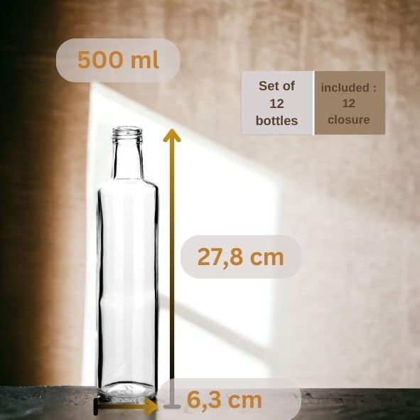 gouveo 12er Set 500ml Glasflaschen Dorica klar mit goldfarbenem PP 31,5 Schraubverschluss - Essigfla