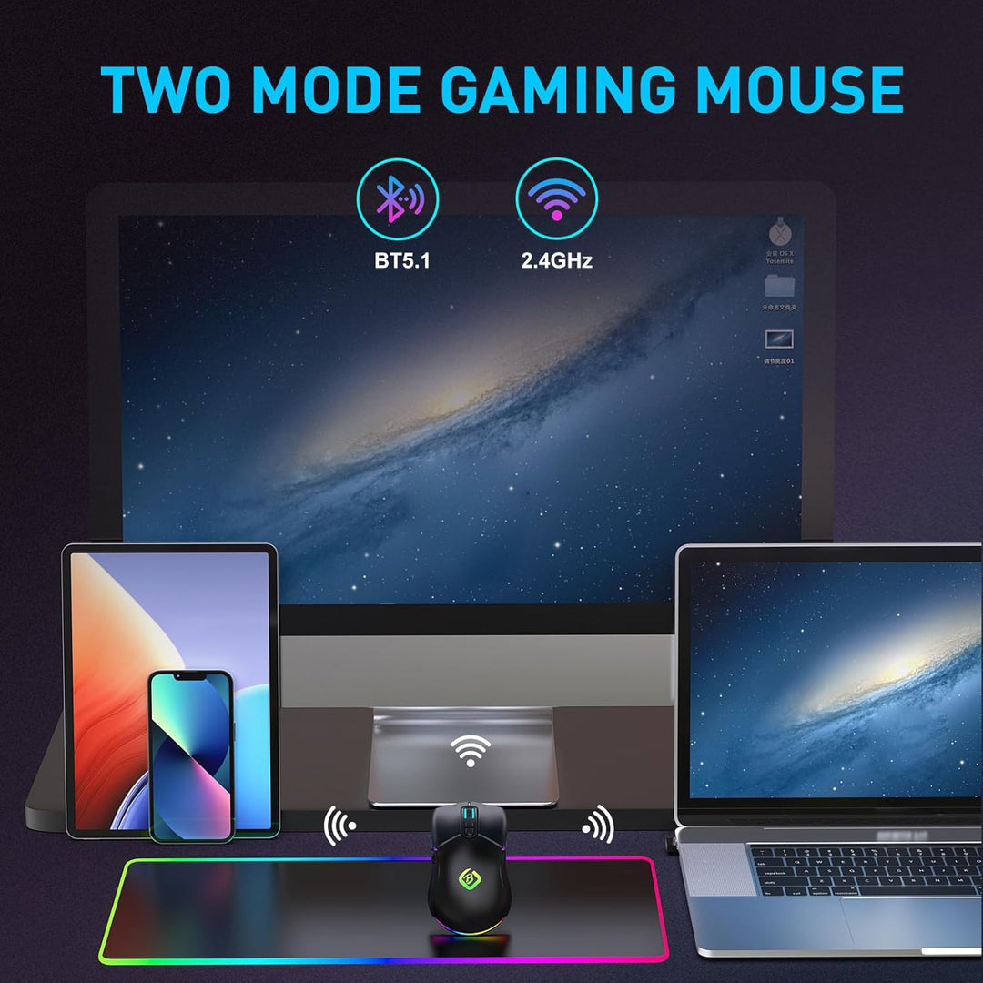 Kabellose Gaming Maus, Dual Mode 2.4GHz/Bluetooth 5.1 Maus Gaming, RGB LED Hintergrundbeleuchtung, E
