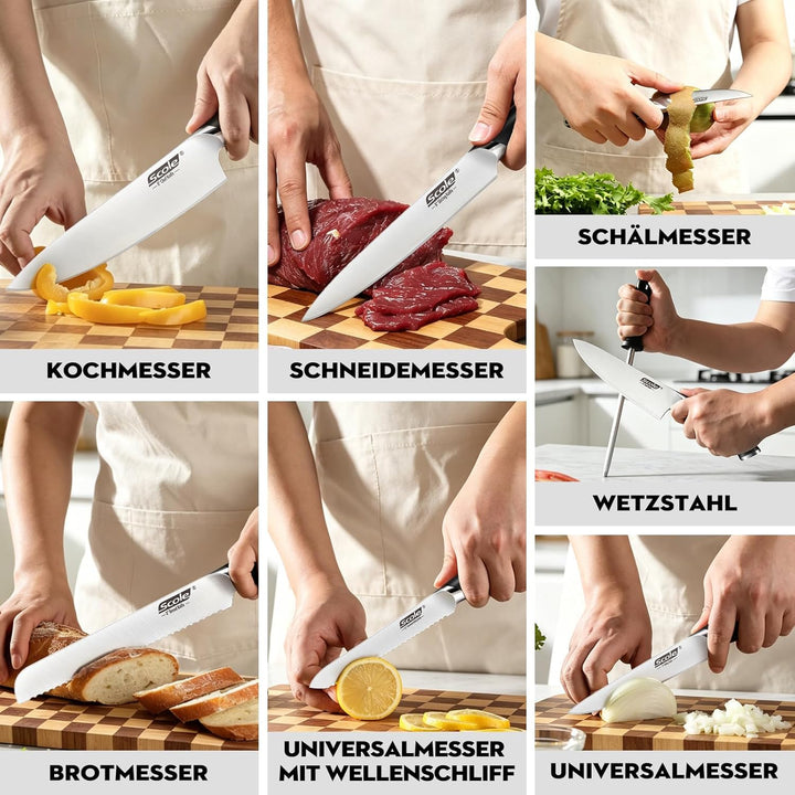 SCOLE® Messerset, Rasierscharf Küchenmesser Set 7-teilig mit Wetzstab, Messer Set, Profi Kochmesser