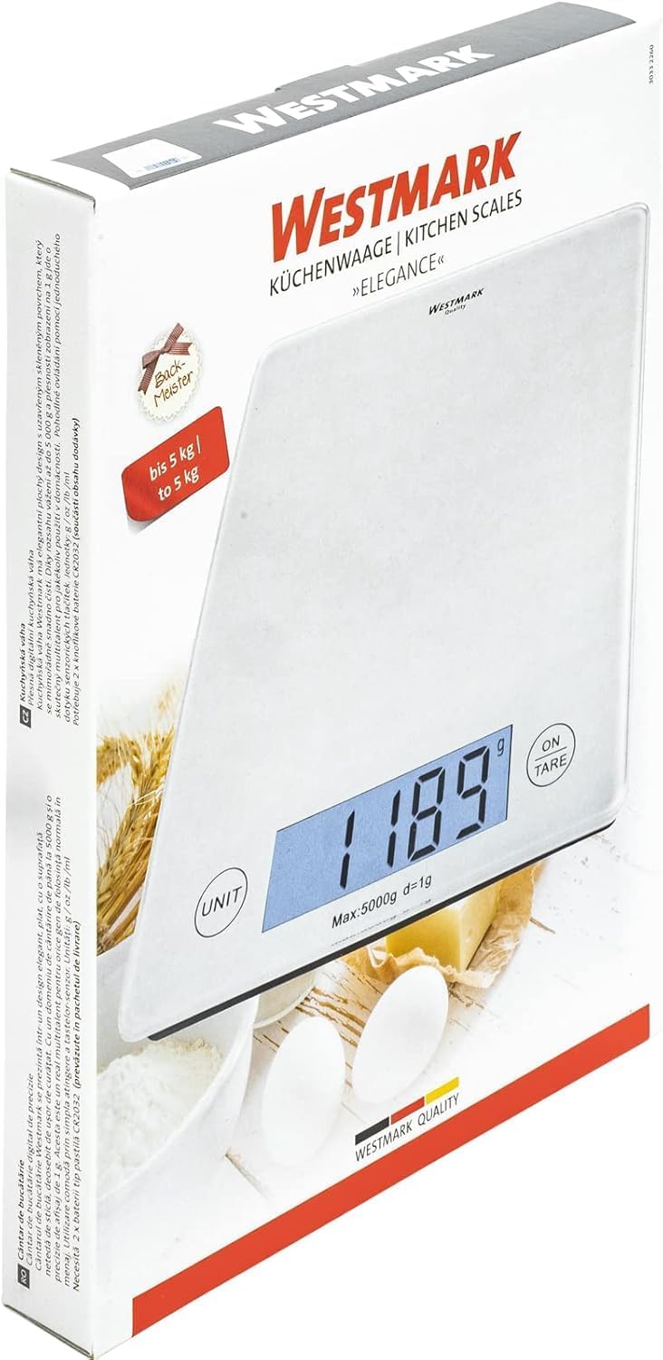 Westmark Digitale Küchenwaage mit Tara-Funktion, Wiegebereich bis 5 Kg, Glas-Wiegefläche, 23 x 18 x