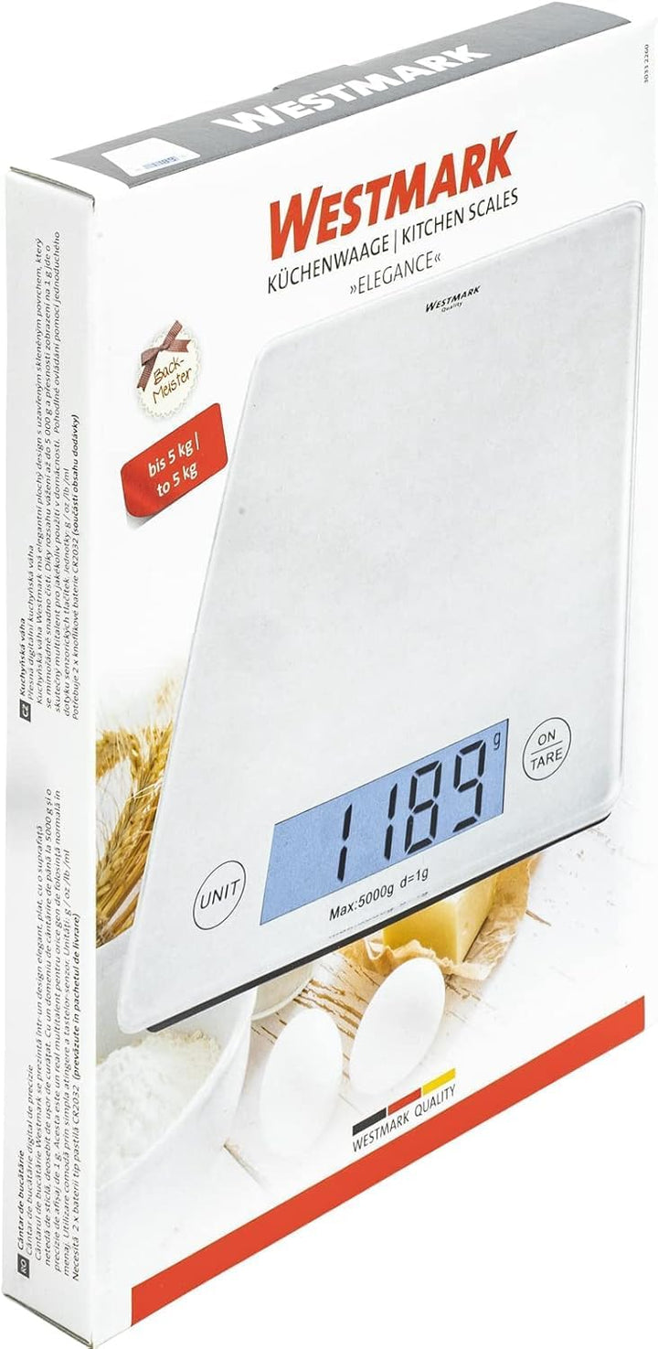 Westmark Digitale Küchenwaage mit Tara-Funktion, Wiegebereich bis 5 Kg, Glas-Wiegefläche, 23 x 18 x