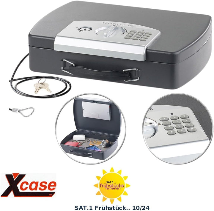 Xcase Geldkassette: Geld- & Dokumentenkassette, Stahl, Elektronik-Schloss, A4, Stahlkabel (Geldkaset