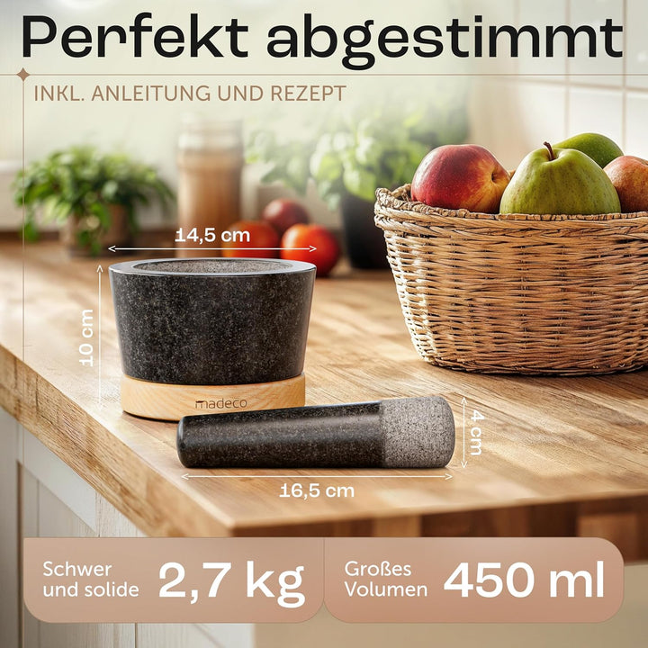 madeco Mörser mit Stössel Granit auf Holzsockel Eiche Ø 14,5 cm - Perfekt geeignet für Gewürze, Kräu