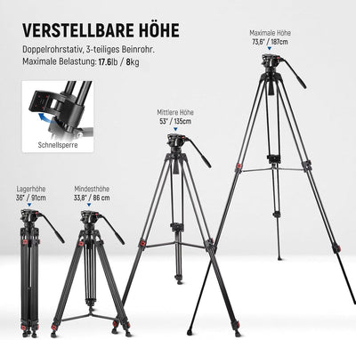 NEEWER 74" Pro Videostativ mit Fluidkopf, QR Platte kompatibel mit DJI RS Gimbals Manfrotto, strapaz